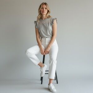 Cotton T with Mesh Panel and Ruffle Flutter Sleeves light gray Size L EUC